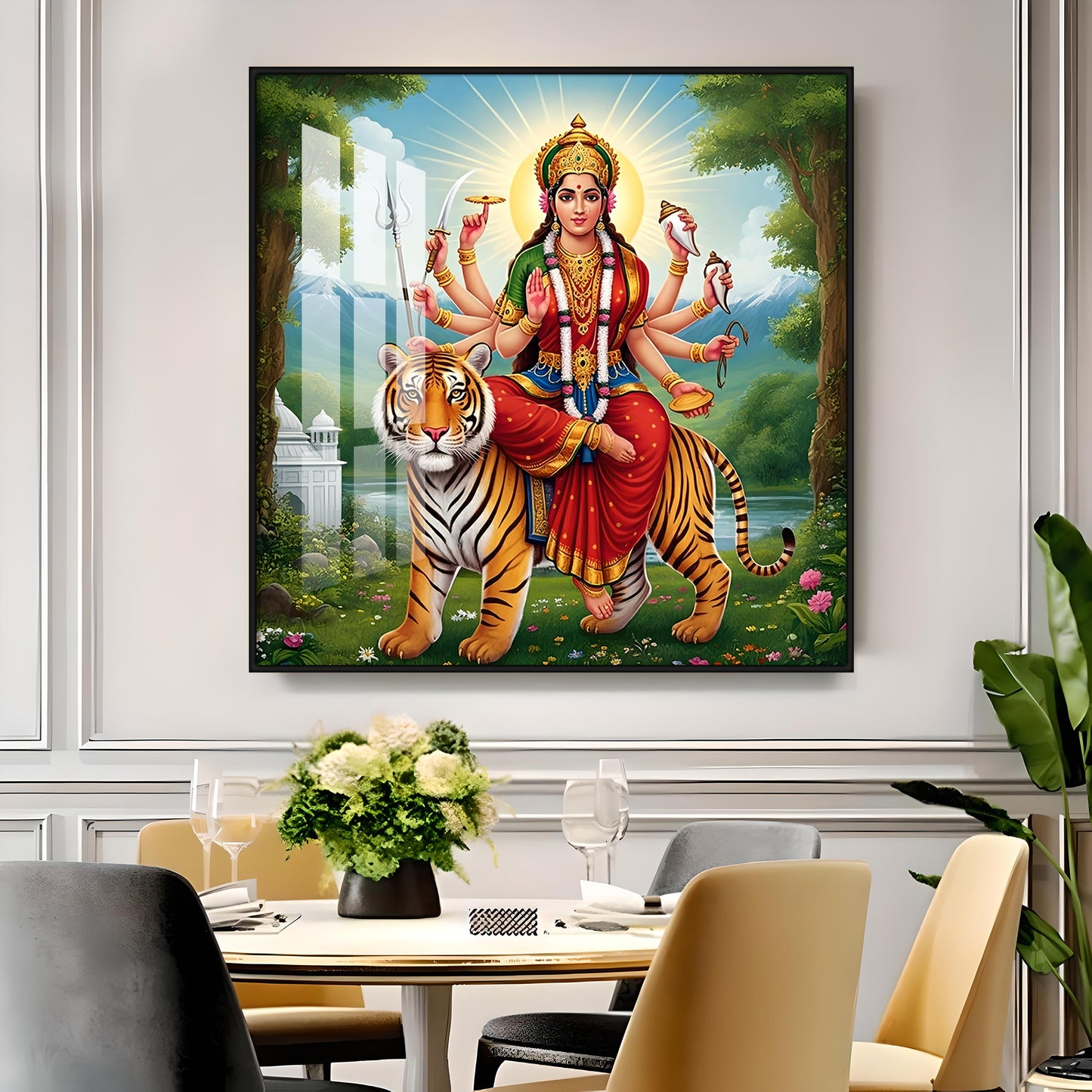 Hindu Goddess With Tiger Premium Acrylic Square Wall Art