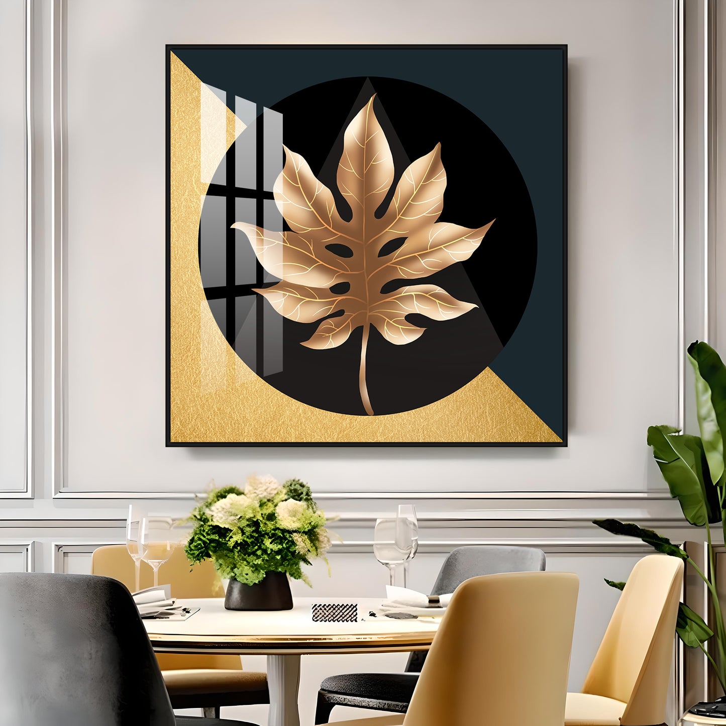 Golden Fall Leaf Luxury Crystal Square Wall Art