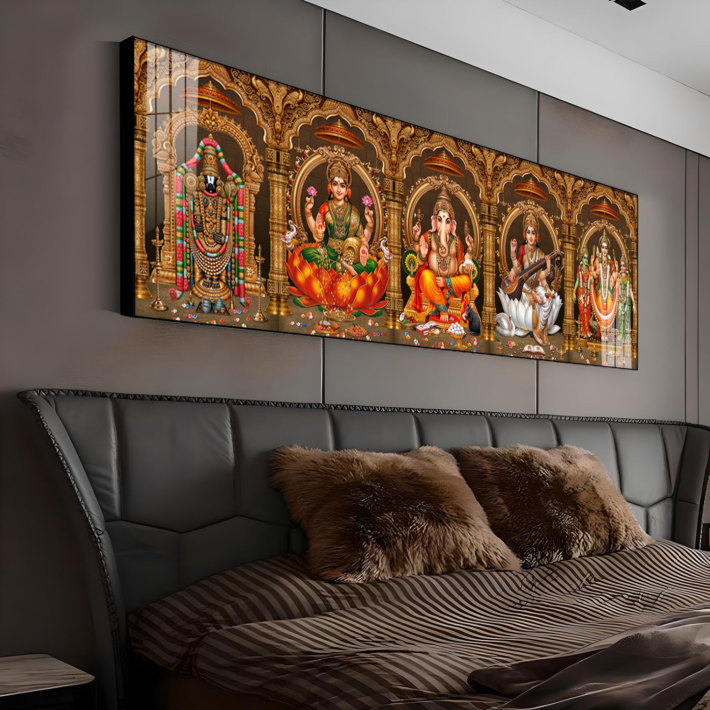 Divine Perumal, Lakshmi, Ganesha, Saraswati & Murugan Premium Acrylic Horizontal Wall Art