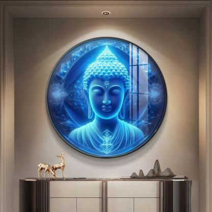 Sacred Buddha In Blue Premium Acrylic Round Wall Art