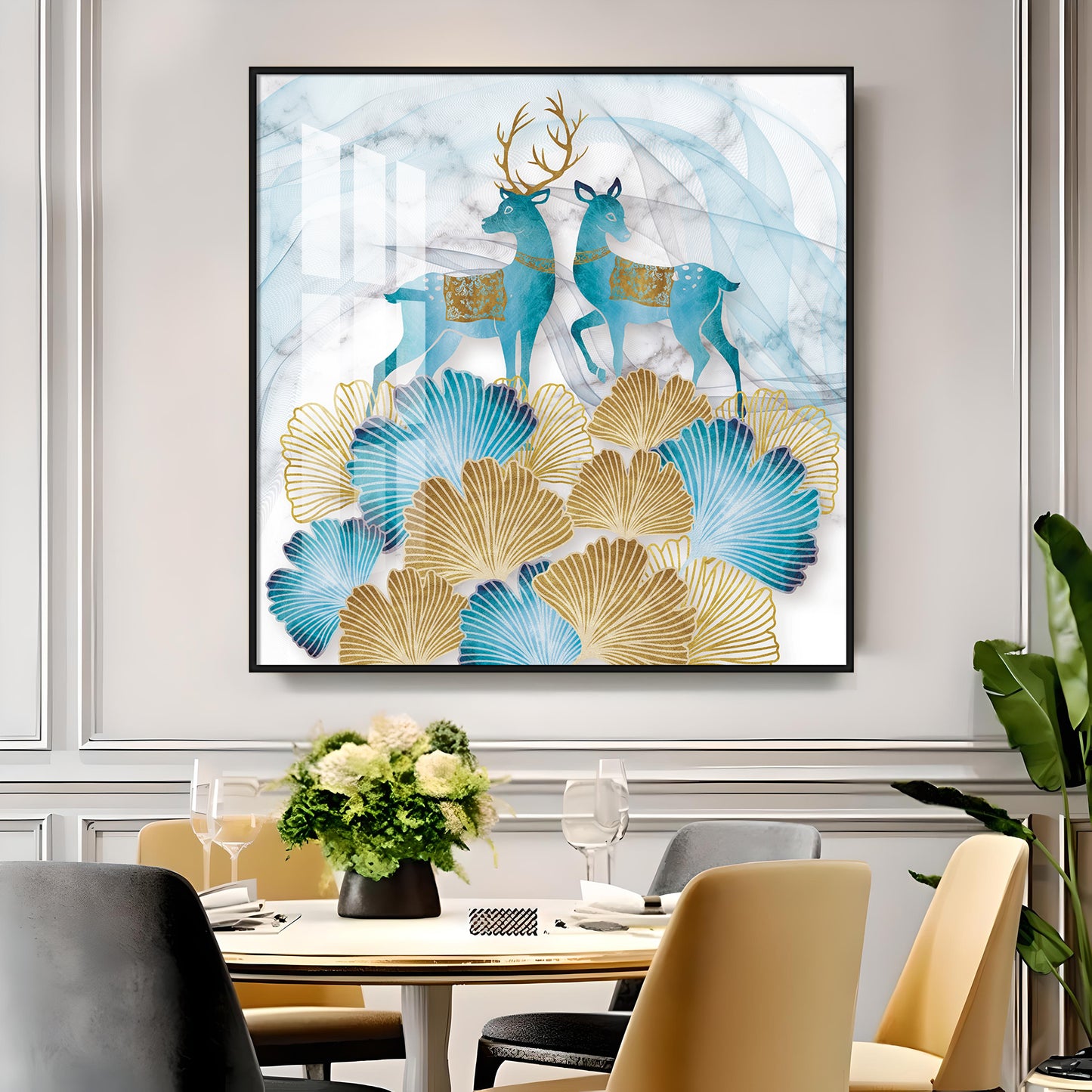 Blue Deer With Ginkgo Leaf Premium Acrylic Square Wall Art