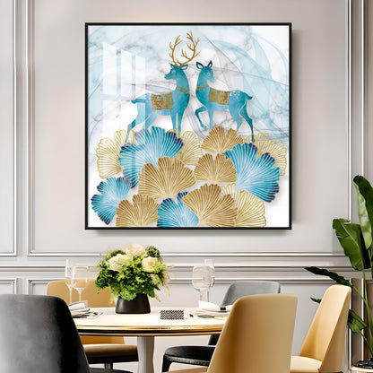 Blue Deer With Ginkgo Leaf Premium Acrylic Square Wall Art