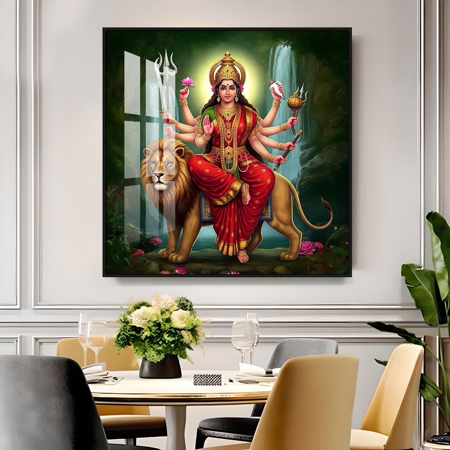 Divine Majesty Of Goddess On Tiger Premium Acrylic Square Wall Art