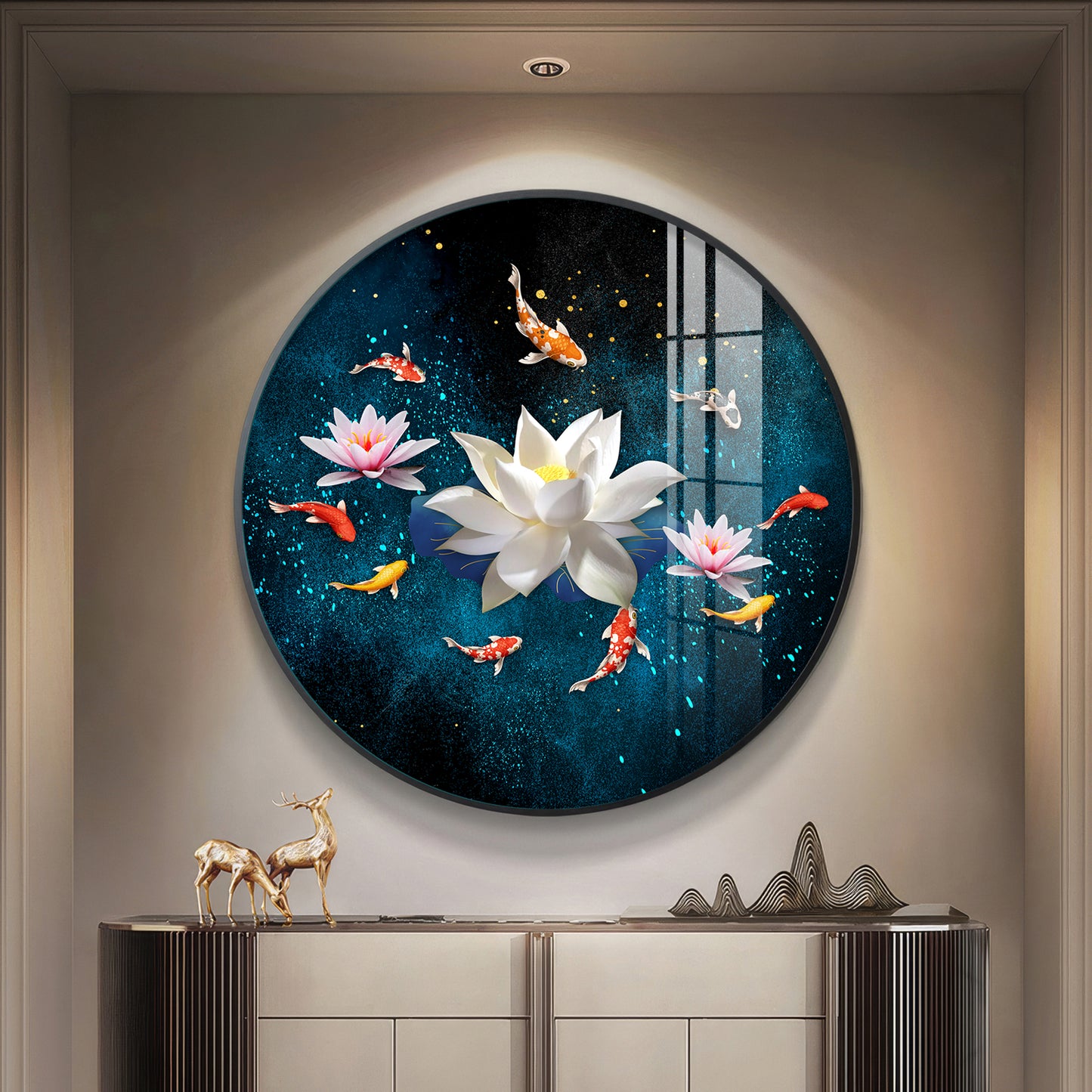 Lotus and Fish Premium Acrylic Round Wall Art