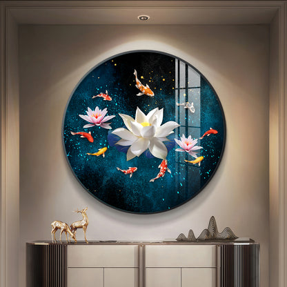 Lotus and Fish Premium Acrylic Round Wall Art