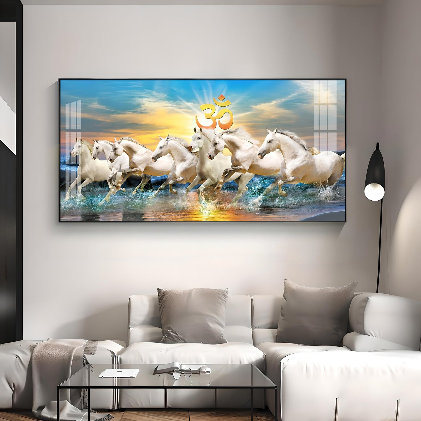 White Running Horses in Sea with Om Premium Acrylic Horizontal Wall Art