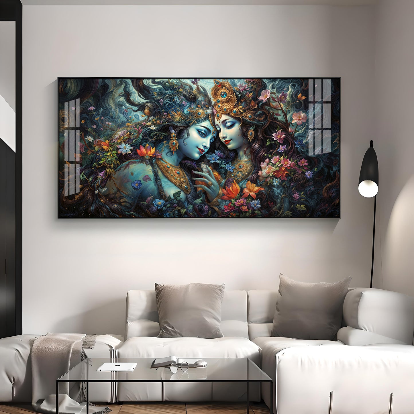 Mystical Love Of Radha Krishna Luxury Crystal Horizontal Wall Art