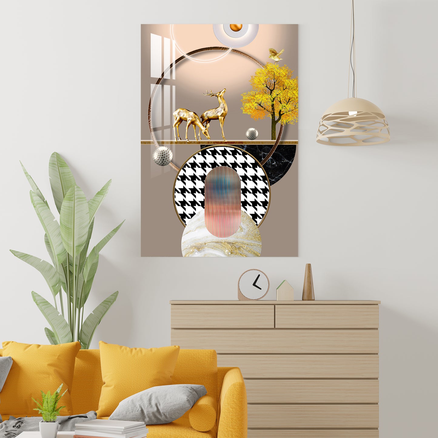 Golden Bird With Golden Deers Acrylic Wall Art