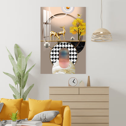 Golden Bird With Golden Deers Acrylic Wall Art