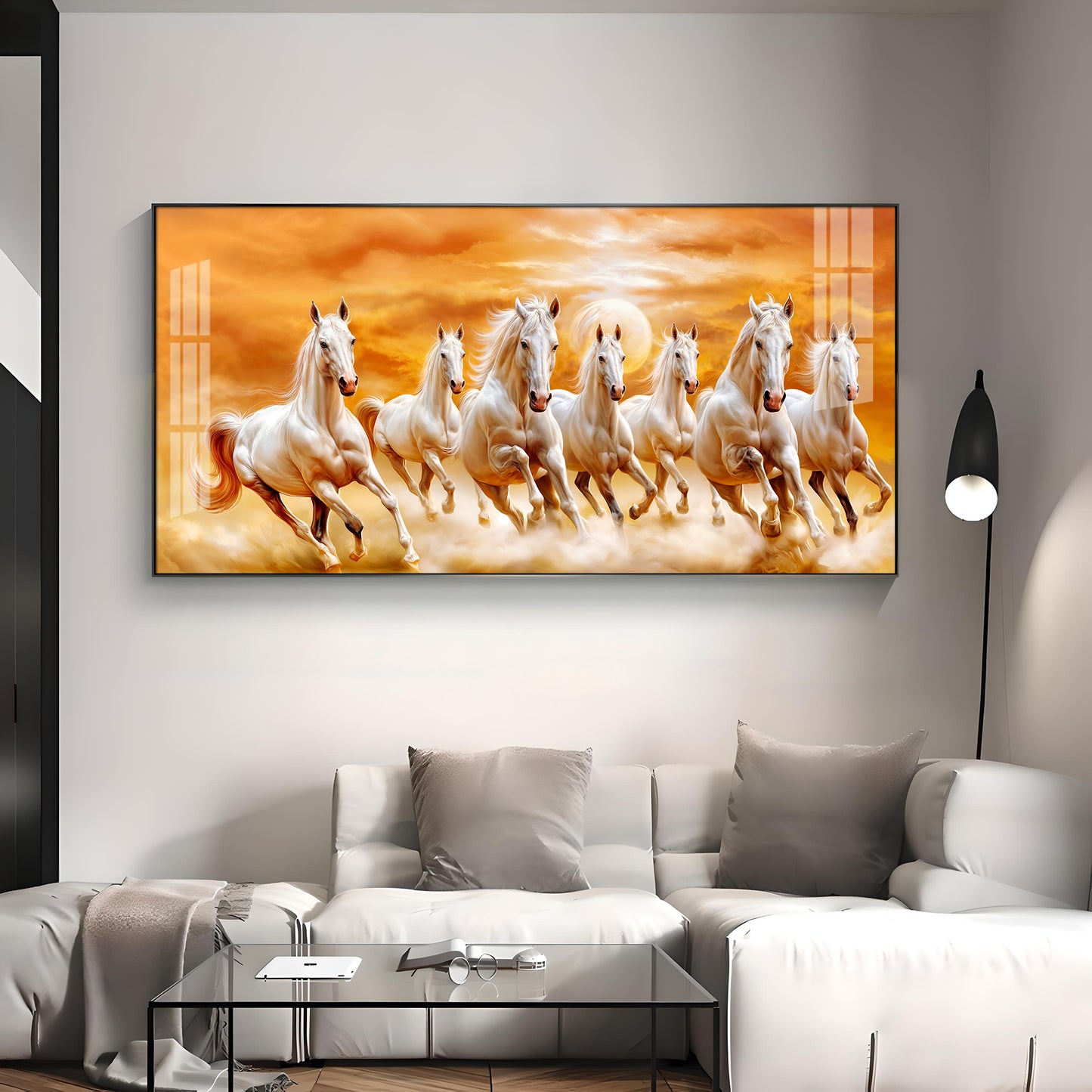 Vastu 7 Running White Horses Premium Acrylic Horizontal Wall Art