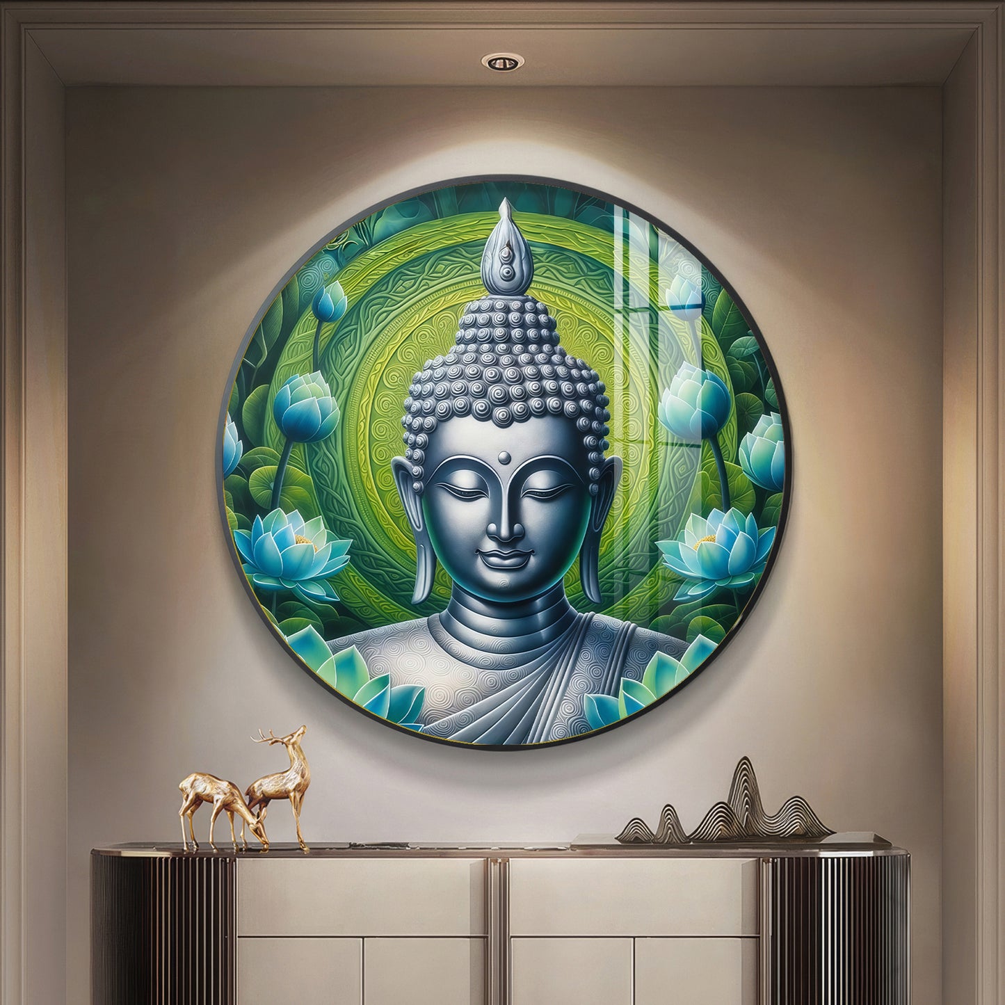 Sacred Buddha In Silver Premium Acrylic Round Wall Art