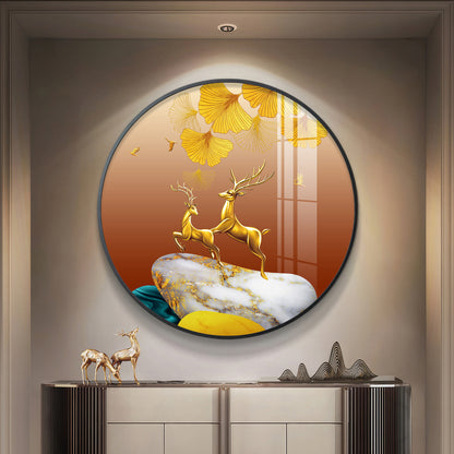Golden Deer Duo Premium Acrylic Round Wall Art