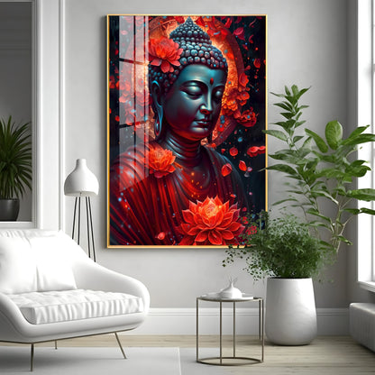 Red Buddha With Lotus Premium Acrylic Vertical Wall Art