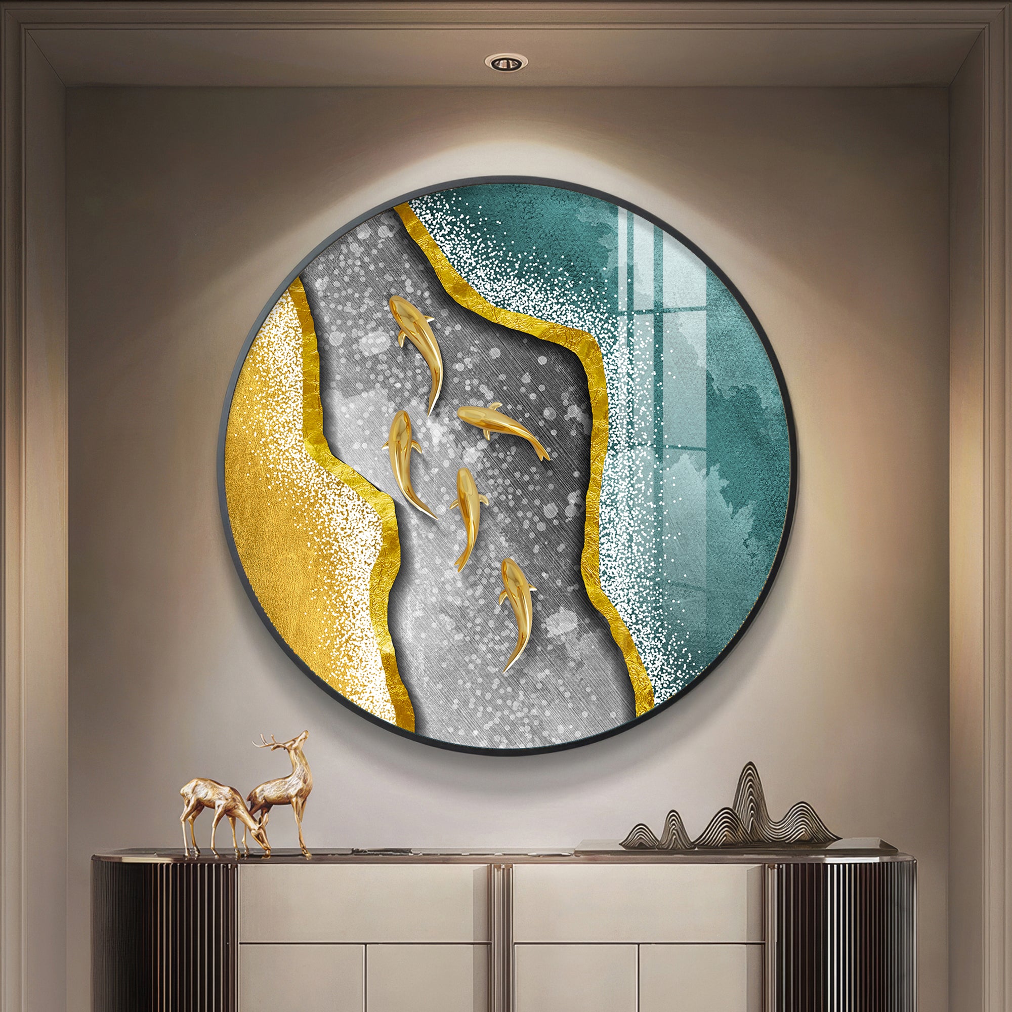 Koi Fish In Waves Premium Acrylic Round Wall Art