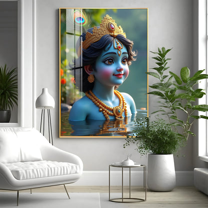 Little Krishna Reflection In Water Premium Acrylic Wall Art