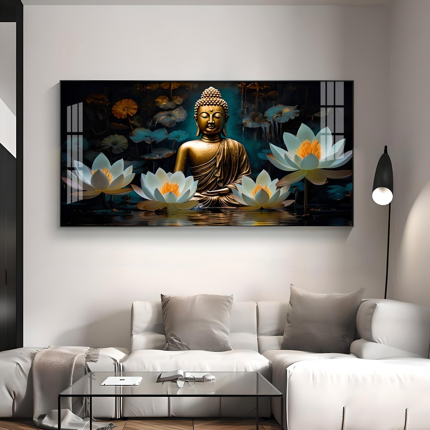 Buddha With White Lotus Premium Acrylic Horizontal Wall Art