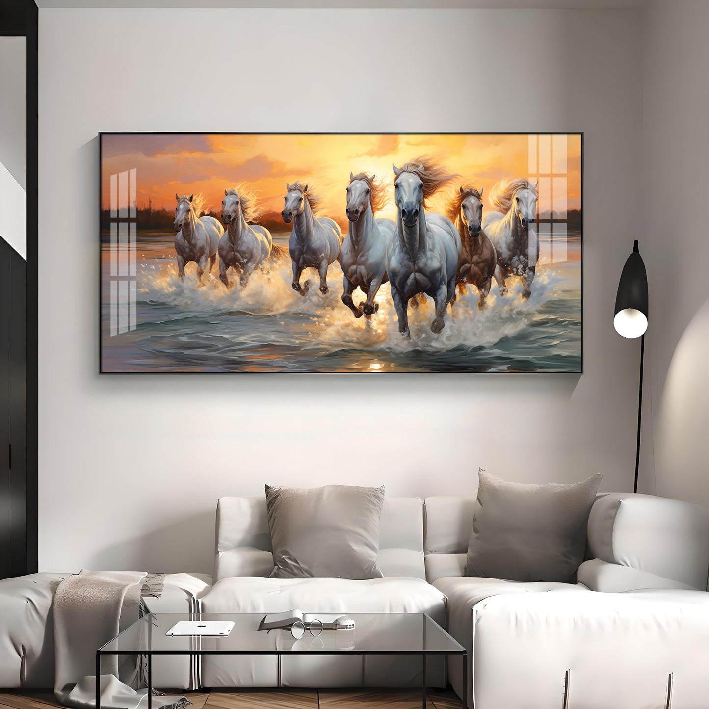 Vastu Seven Running Horses With Sunrise Premium Acrylic Horizontal Wall Art