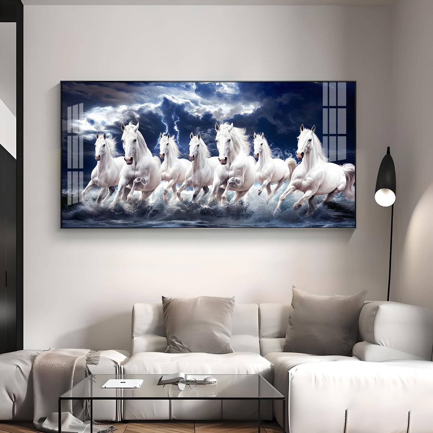 Seven White Horses Gallop In the Sea Premium Acrylic Horizontal Wall Art