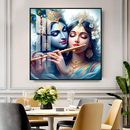 Radha Krishna With Flute Premium Acrylic Square Wall Art