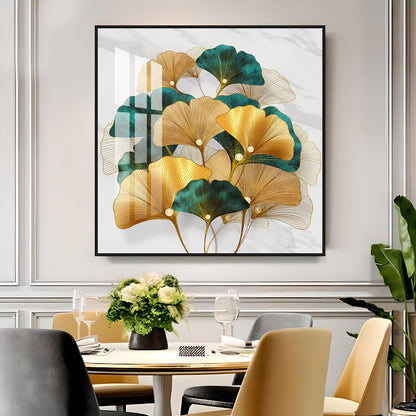 Golden Ginkgo Biloba Luxury Crystal Square Wall Art