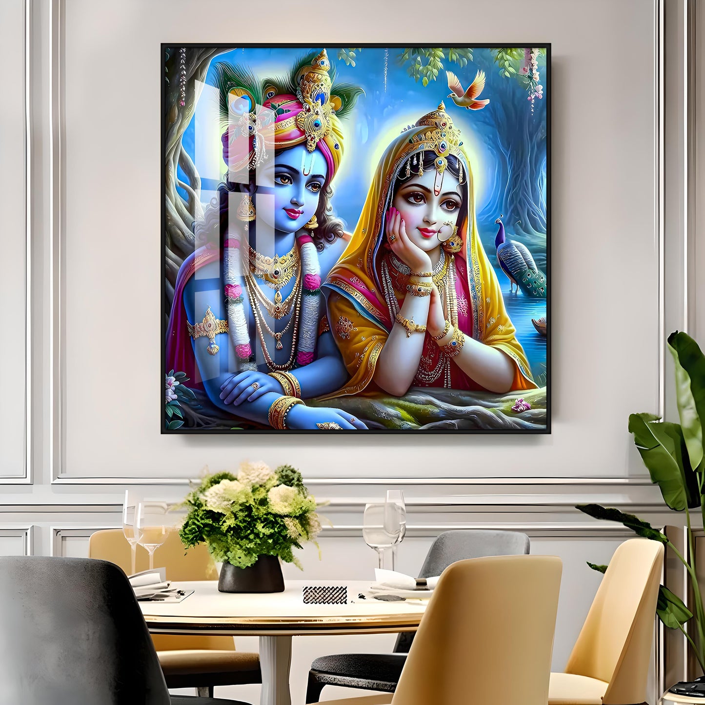 Radha Krishna In Vatika Premium Acrylic Square Wall Art