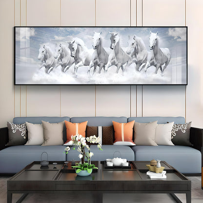 Seven Lucky Running White Horses Premium Acrylic Horizontal Wall Art