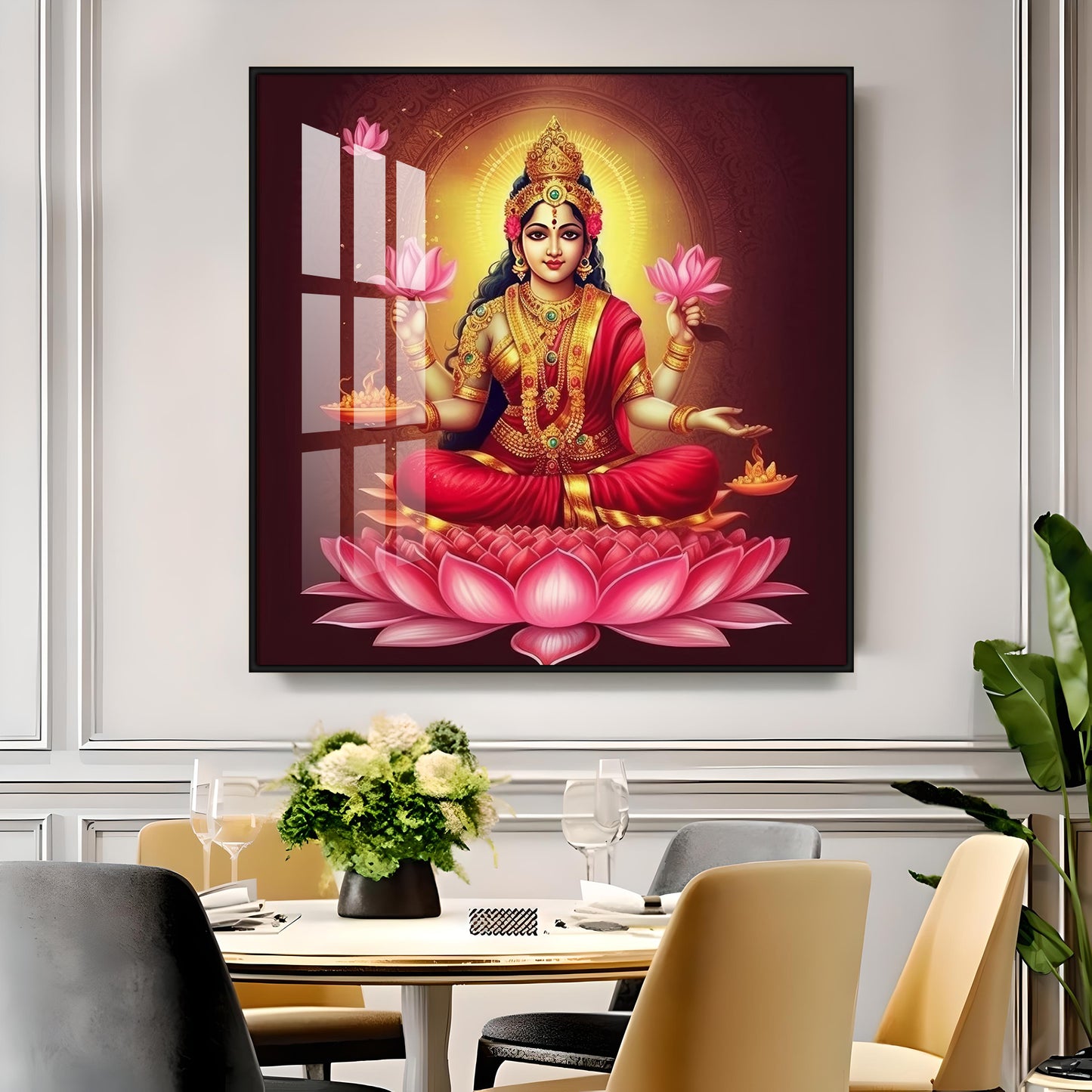 Laxmi Maa With Lotus Premium Acrylic Square Wall Art