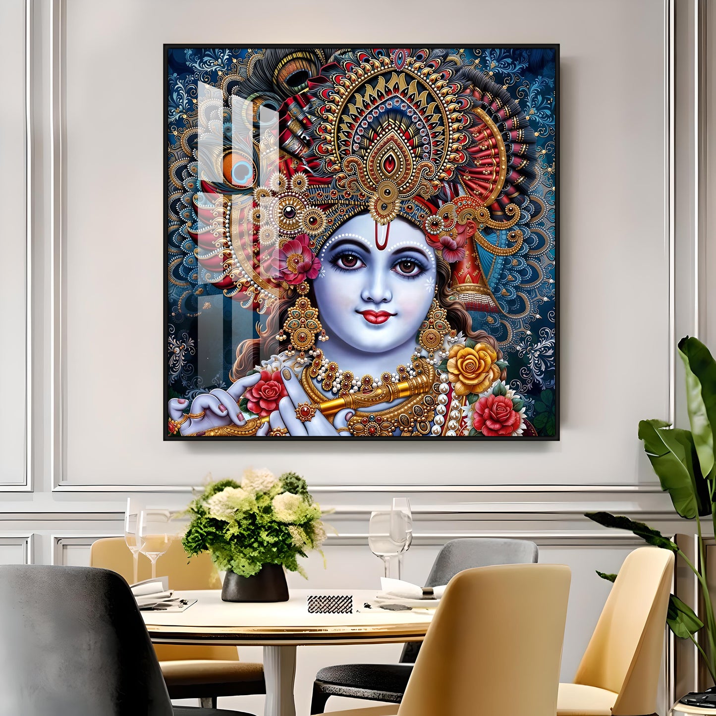 Shri Krishna With Bansuri Premium Acrylic Square Wall Art