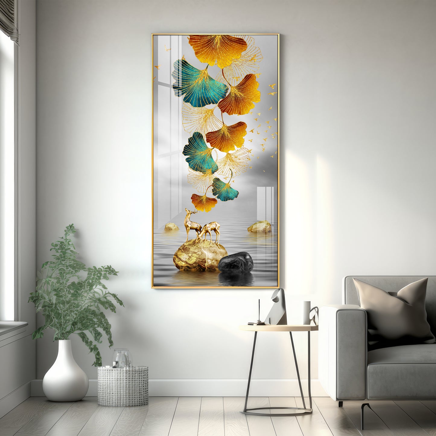 Golden Elk Leaves With Deer Premium Acrylic Vertical Wall Art