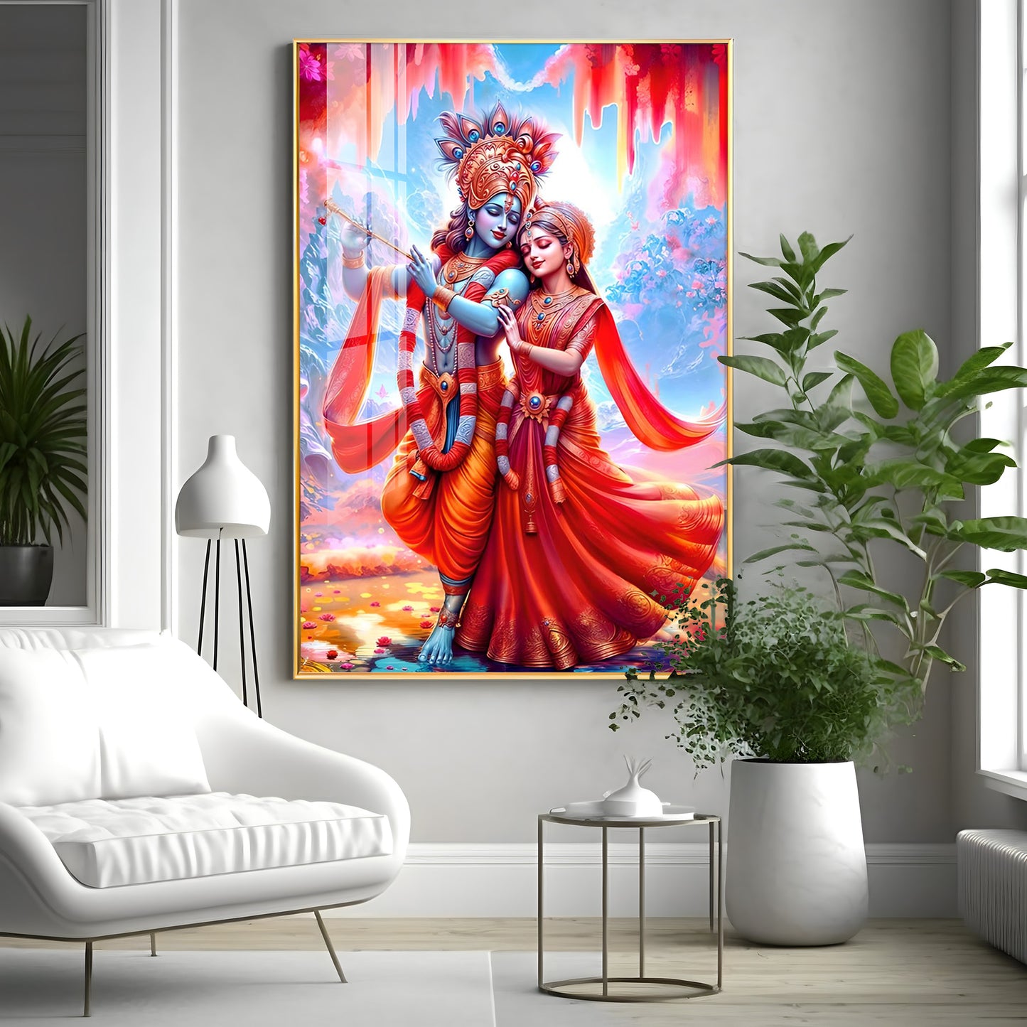 Beautiful Radha Krishna In Red Premium Acrylic Vertical Wall Art