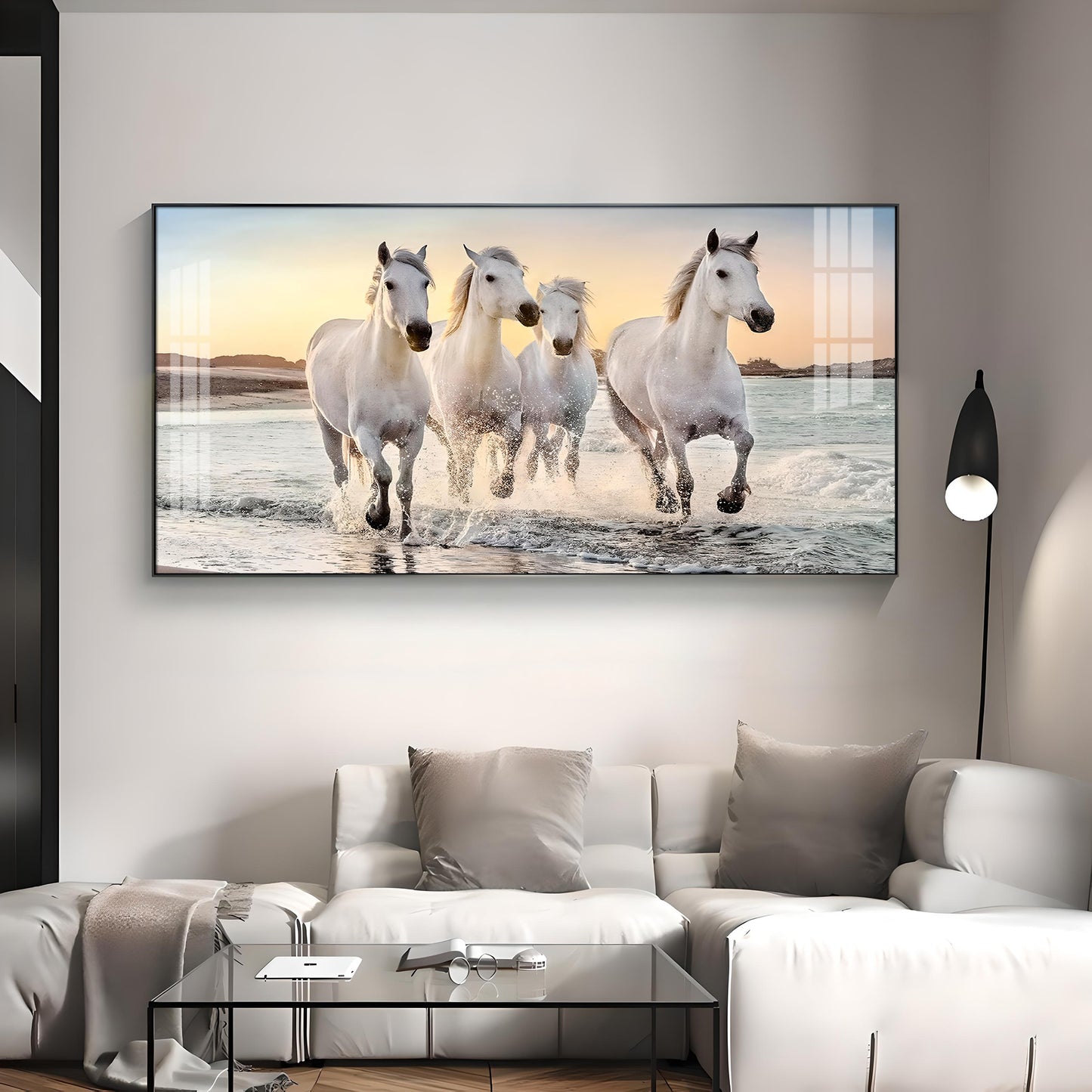 White Running Horses in The Sea Premium Acrylic Horizontal Wall Art