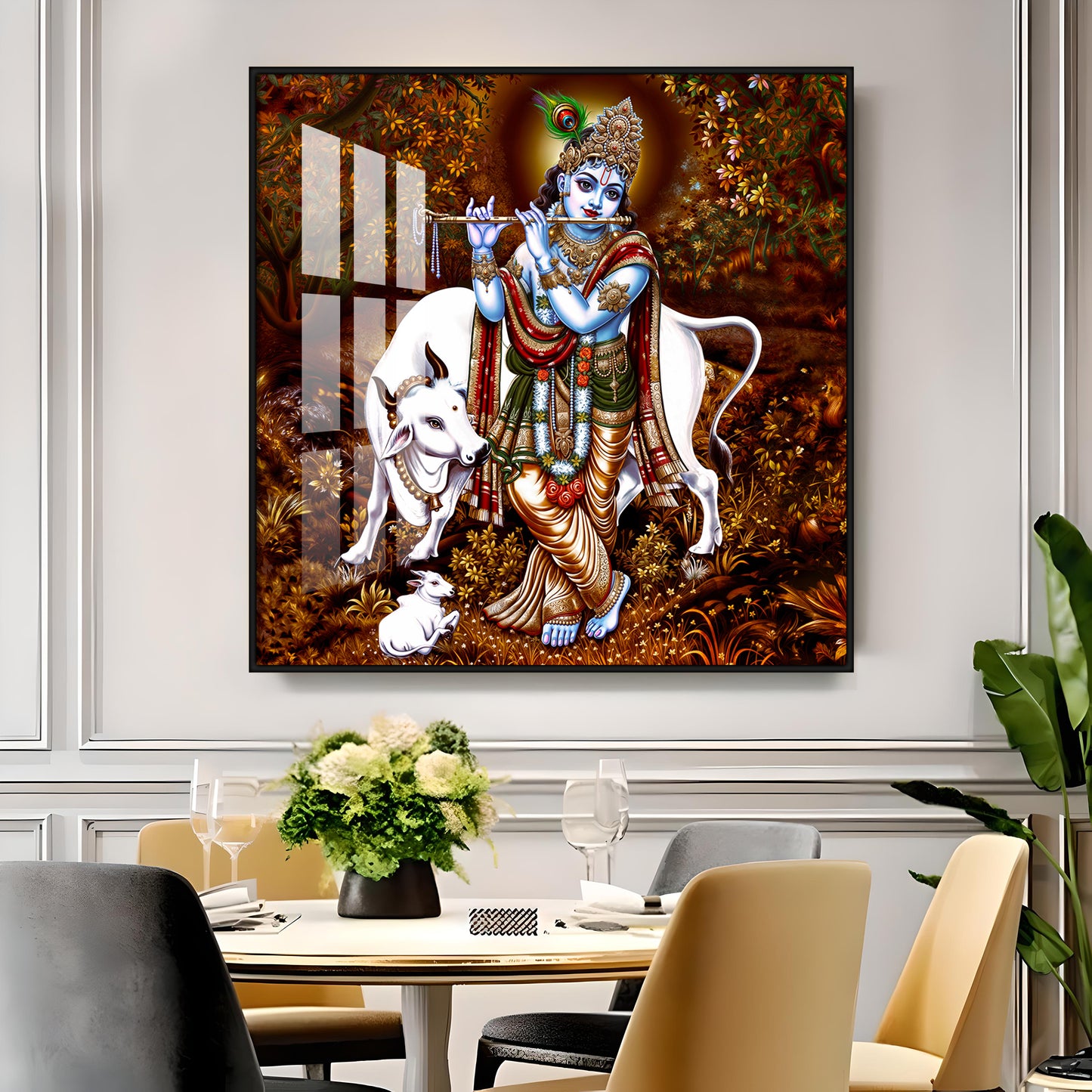 Beautiful Lord Krishna With Cow Premium Acrylic Square Wall Art