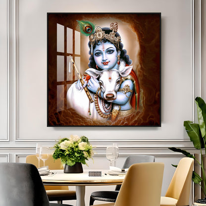 Krishna With Bansuri & Cow Premium Acrylic Horizontal Wall Art