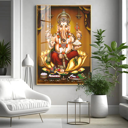 Lord Ganesha On Gold Lotus Premium Vertical Acrylic Wall Art