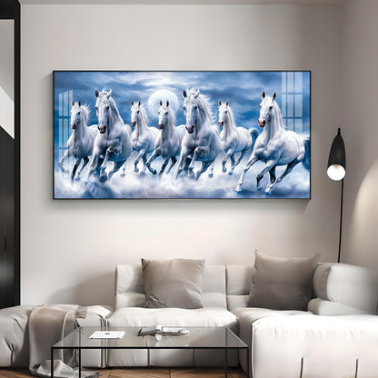 7 White Running Horses With Sunrise Premium Acrylic Horizontal Wall Art