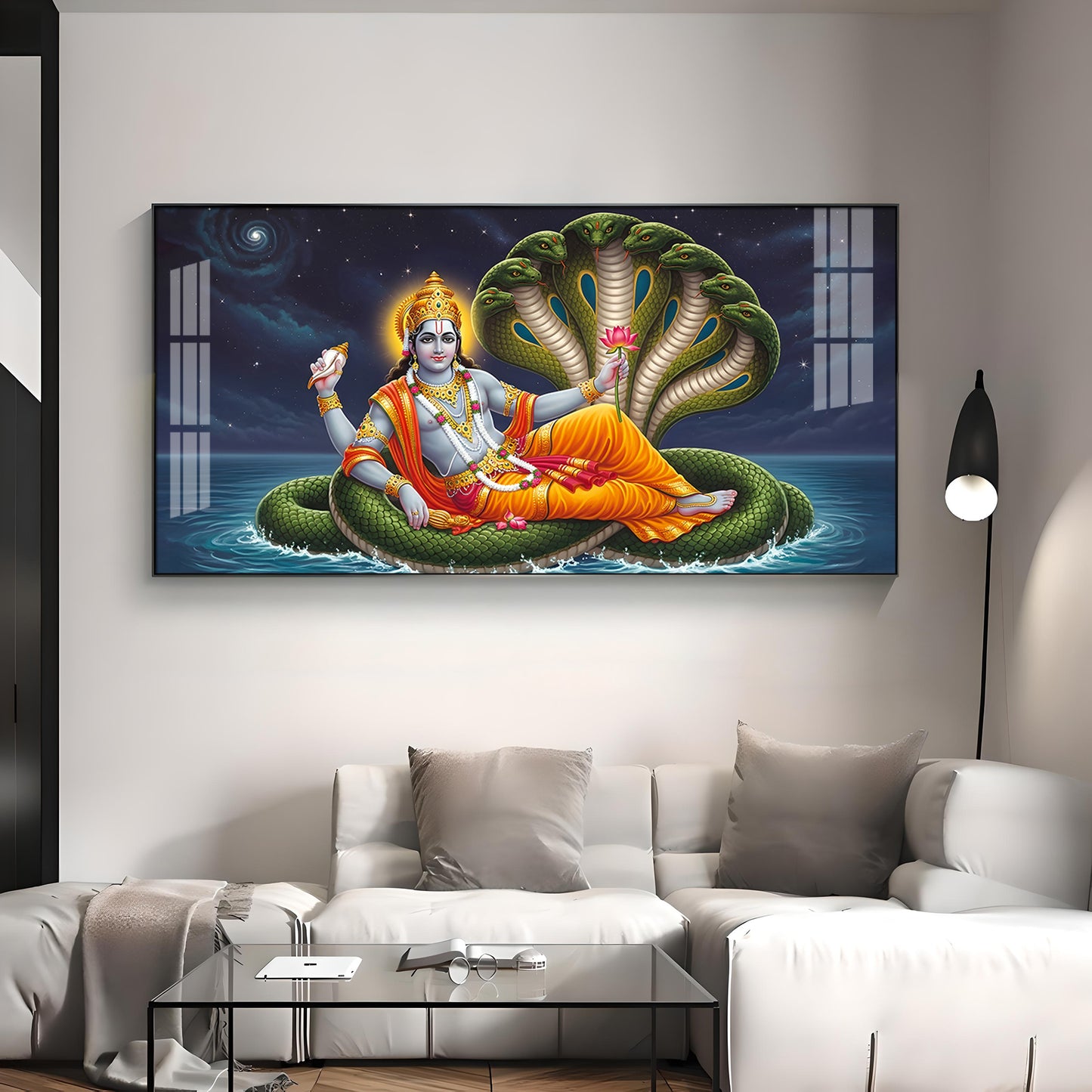 Lord Vishnu on Sheshnag Premium Acrylic Horizontal Wall Art