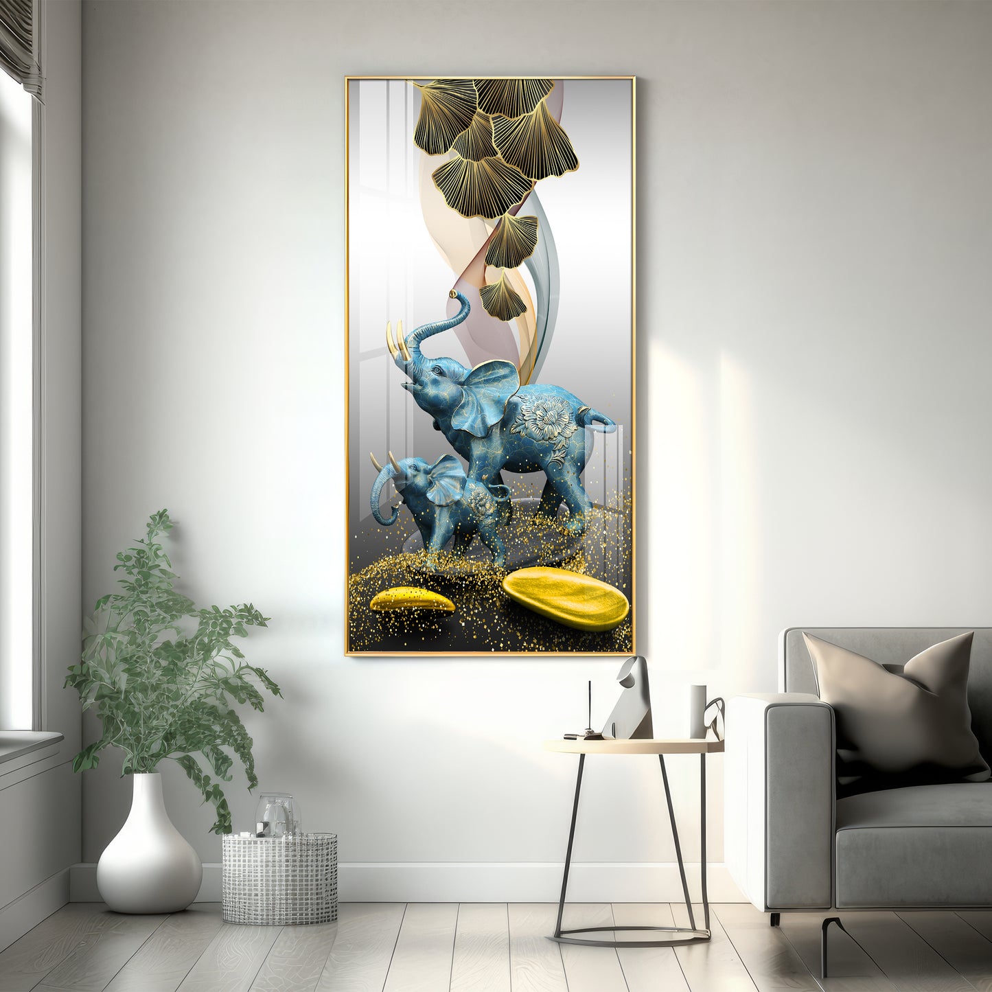 Blue Elephant With Golden Tusk Premium Acrylic Vertical Wall Art