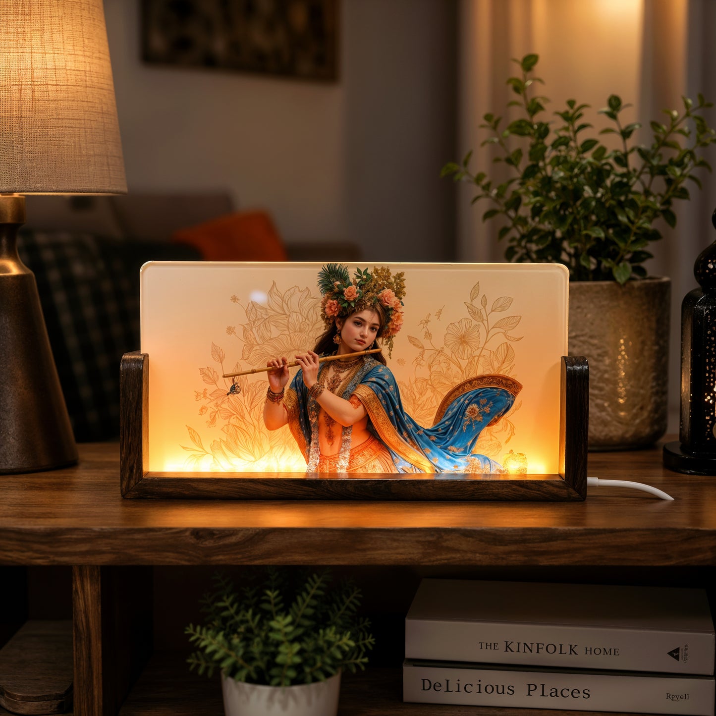 Lord Krishna Acrylic LED Table Lamp - Wooden Stand