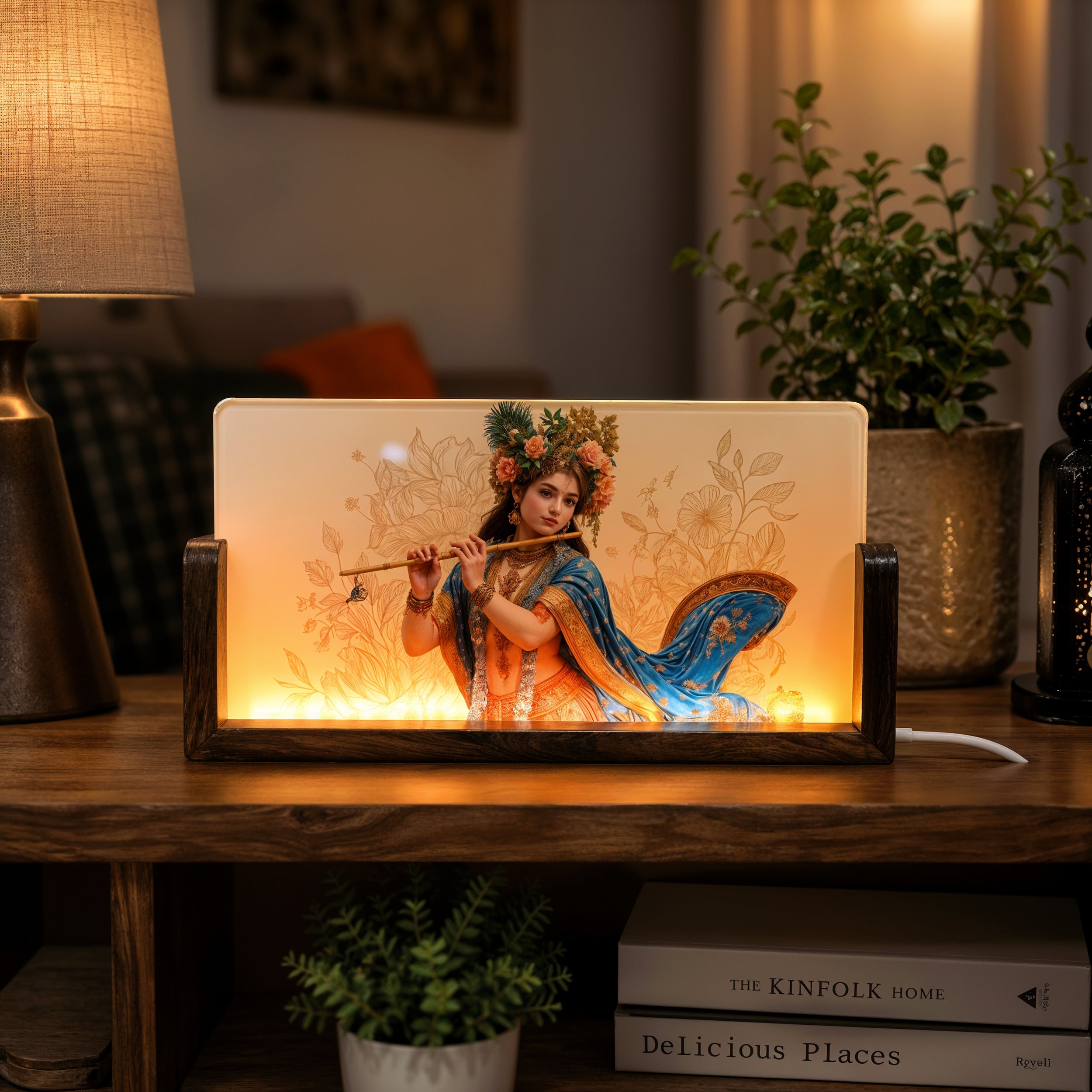 Lord Krishna Acrylic LED Table Lamp - Wooden Stand