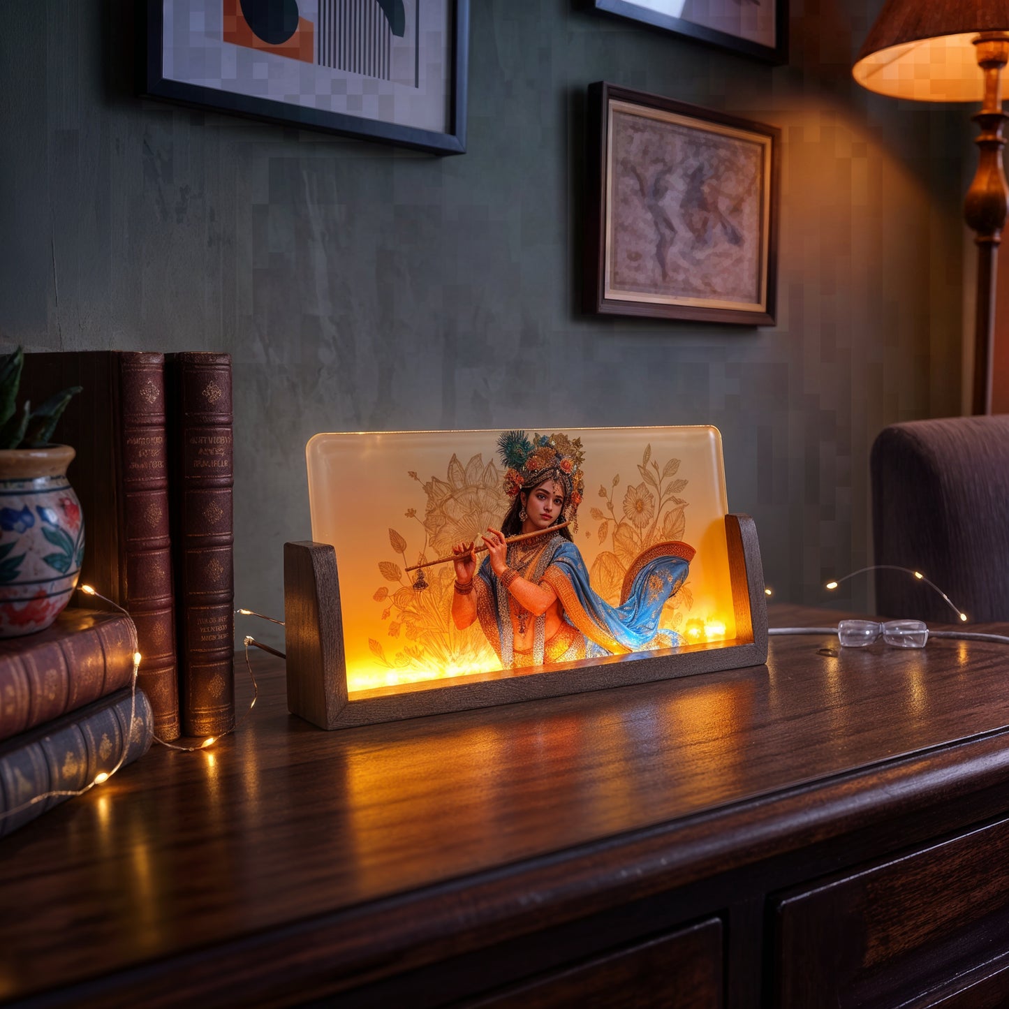 Lord Krishna Acrylic LED Table Lamp - Wooden Stand