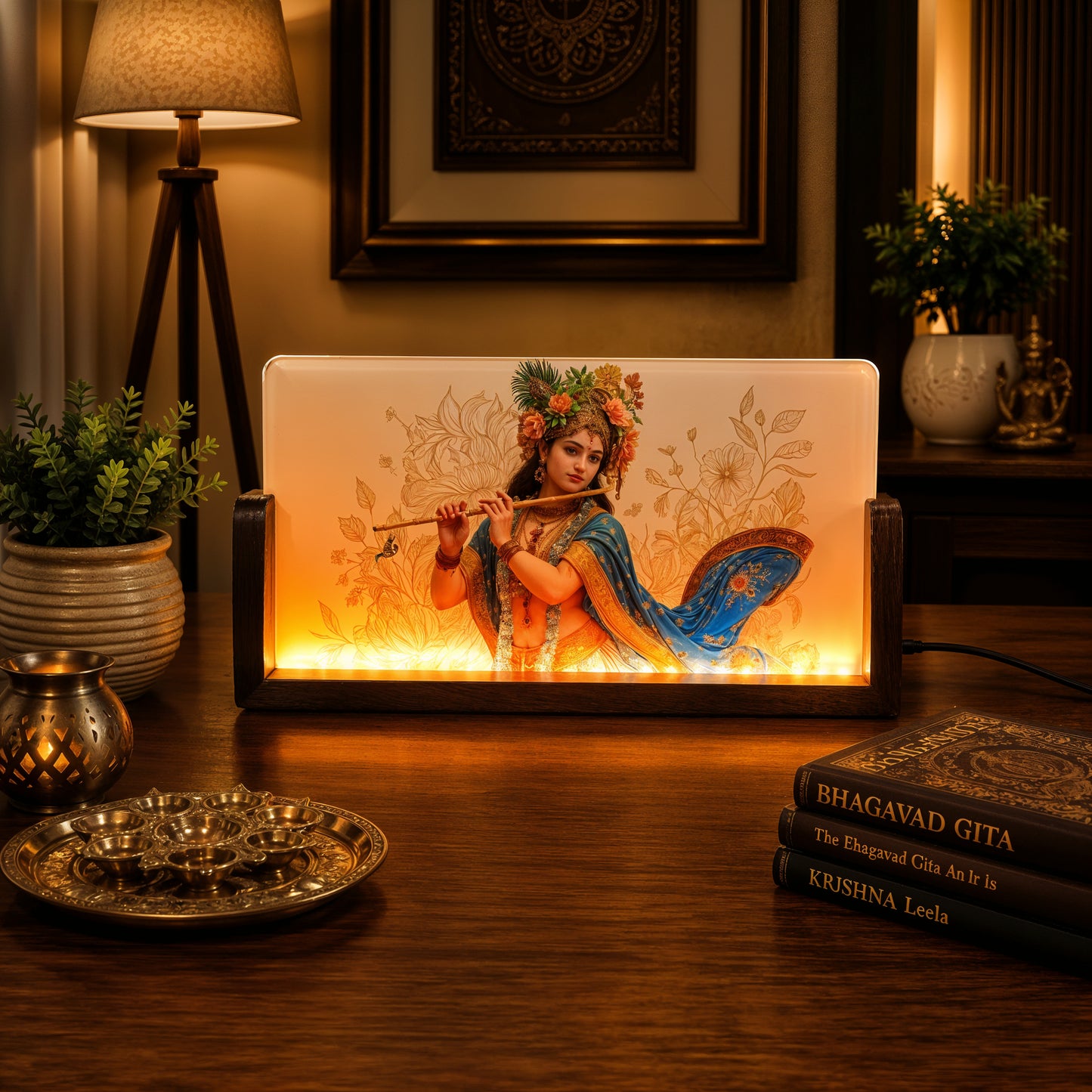 Lord Krishna Acrylic LED Table Lamp - Wooden Stand