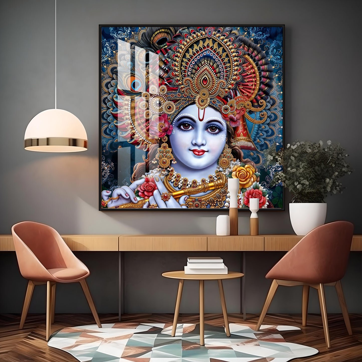 Shri Krishna With Bansuri Premium Acrylic Square Wall Art