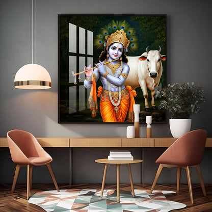 Krishna With The Cow Premium Acrylic Square Wall Art