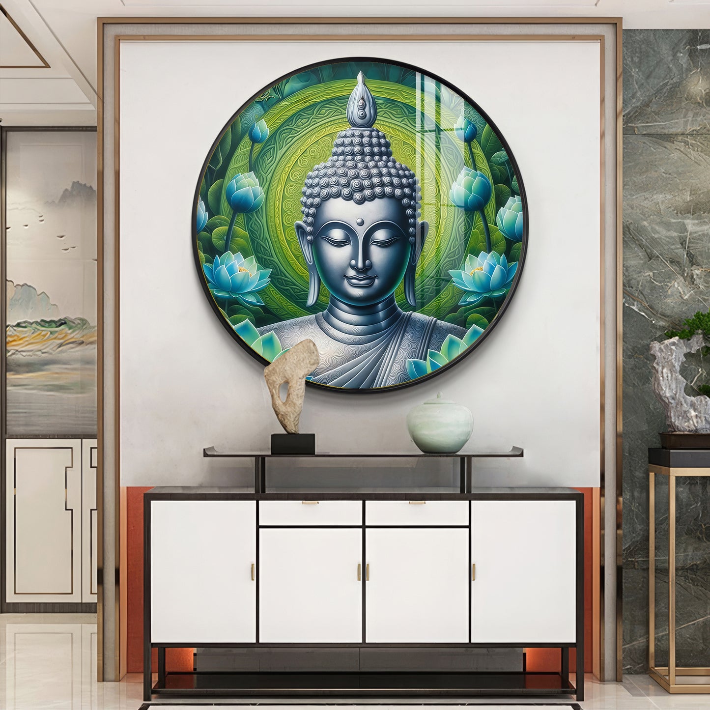 Sacred Buddha In Silver Premium Acrylic Round Wall Art