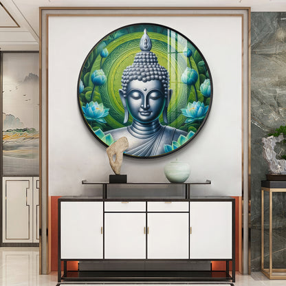 Sacred Buddha In Silver Premium Acrylic Round Wall Art