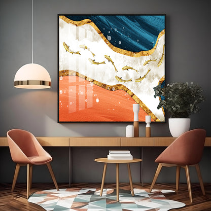 Golden Koi Fishes Swimming Luxury Crystal Square Wall Art