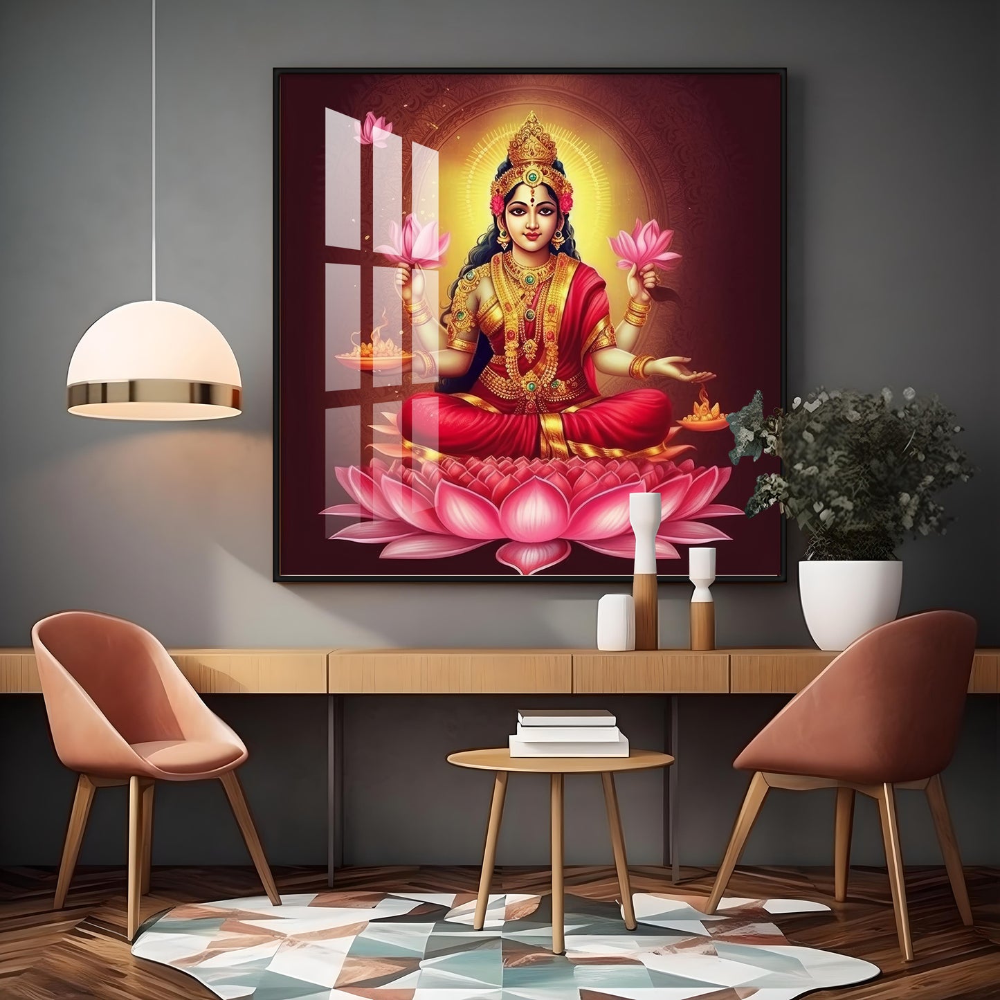 Laxmi Maa With Lotus Premium Acrylic Square Wall Art