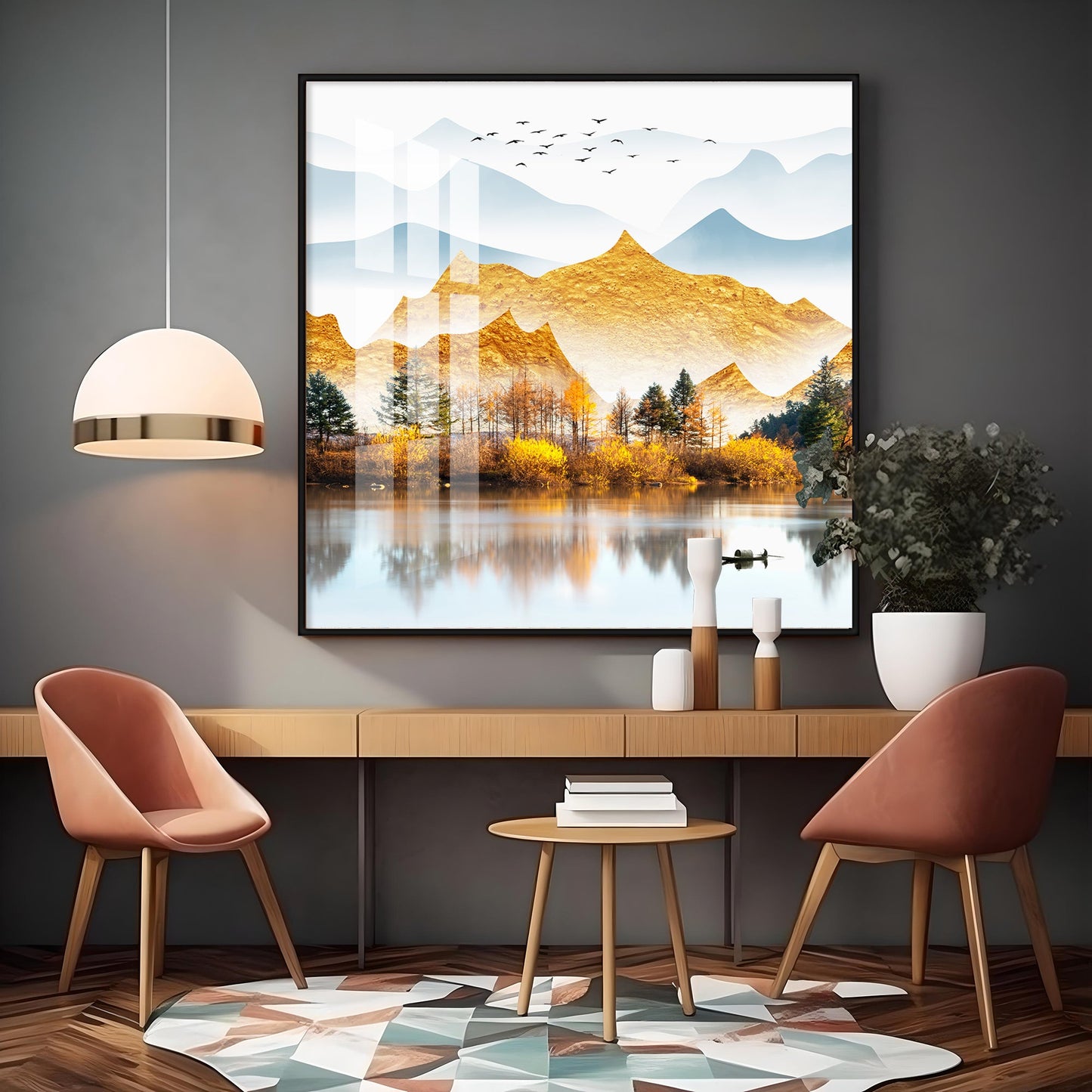 Sun Kissed Mountains Premium Acrylic Square Wall Art - 24X24 inches / Gold
