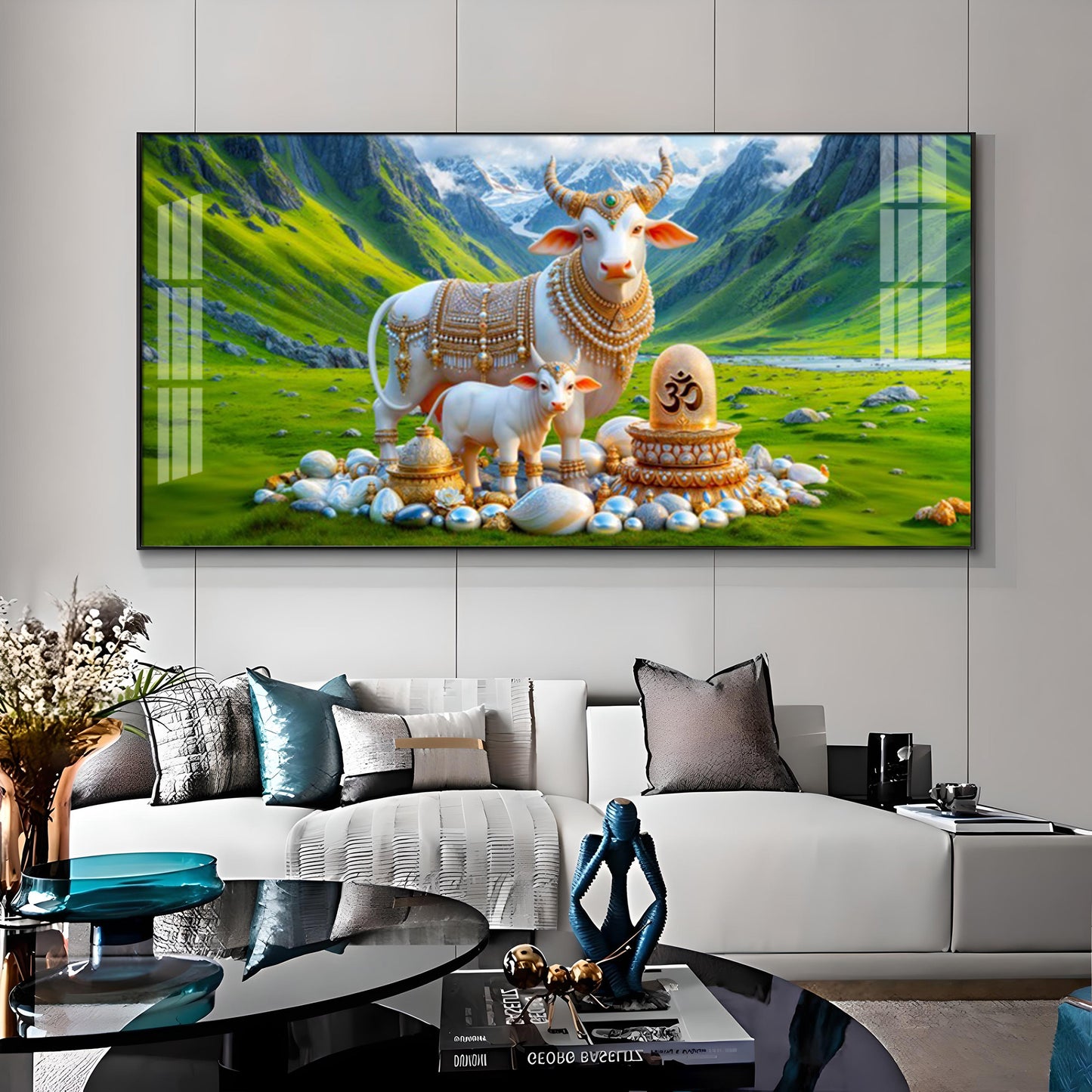 Sacred Nandi In Green Mountains Premium Acrylic Horizontal Wall Art