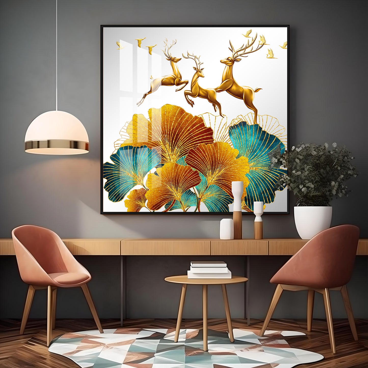 3 Golden Deers With Biloba Leaves Luxury Crystal Square Wall Art